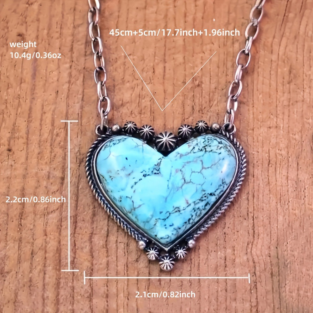 Retro Heart-Shaped Turquoise Pendant Necklace