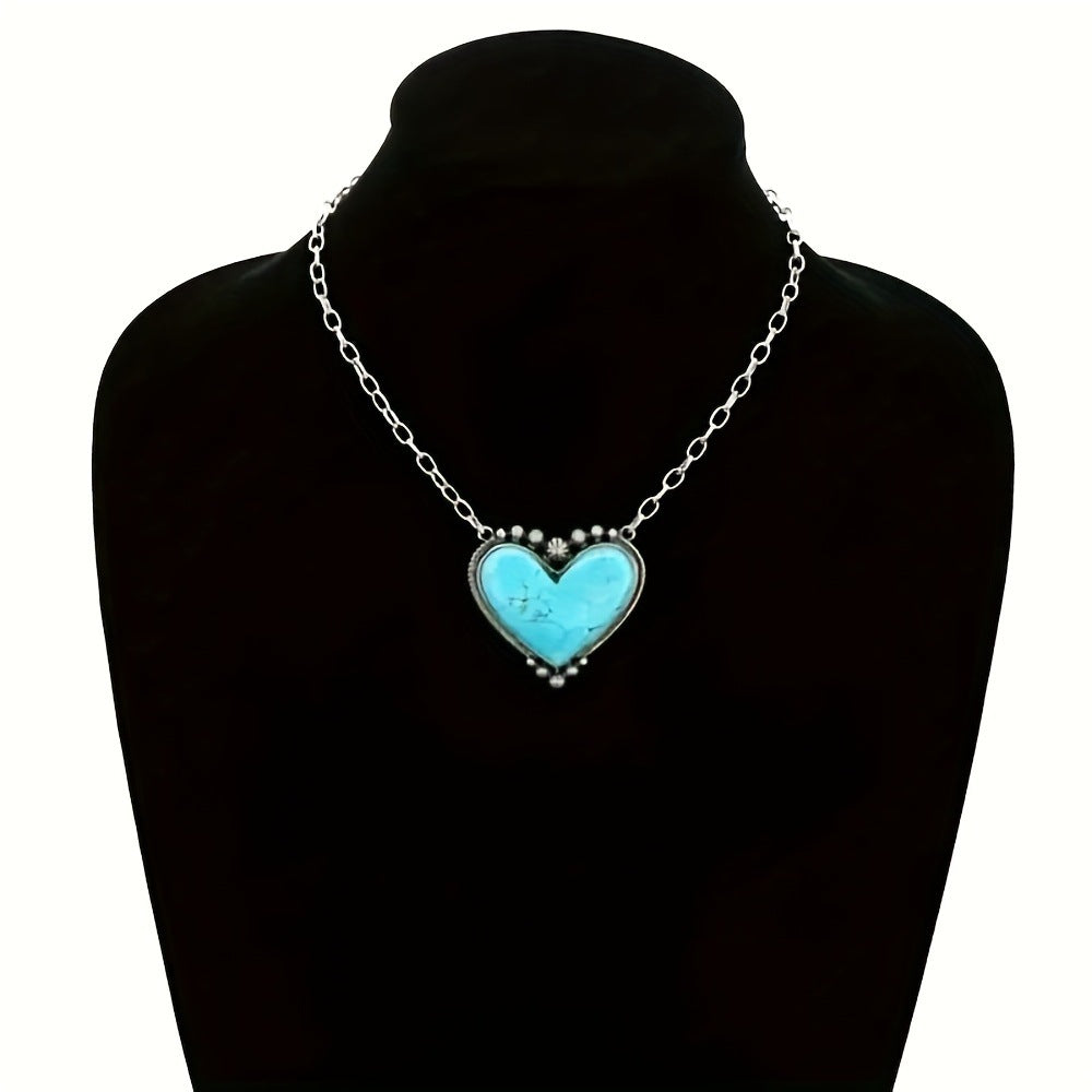 Retro Heart-Shaped Turquoise Pendant Necklace