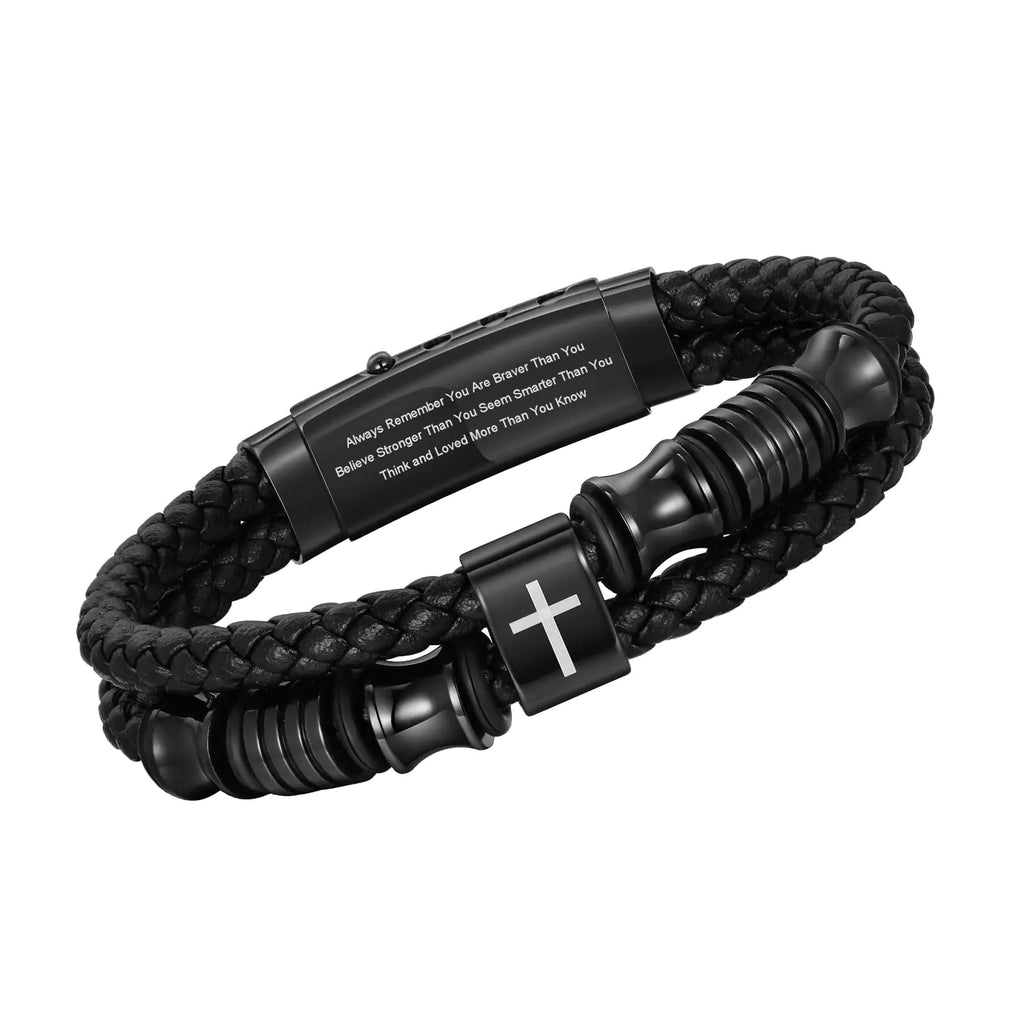 Faithful Cross Black Leather Bracelet for Men